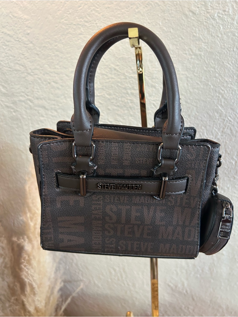 Steve Madden Bvelma Block Logo Mini Satchel Handbag Coin Pouch Brown No Strap